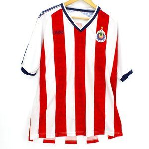 Club Deportivo Guadalajara Jersey Fan Men's Soccer Pepsi White Red Striped Sz L
